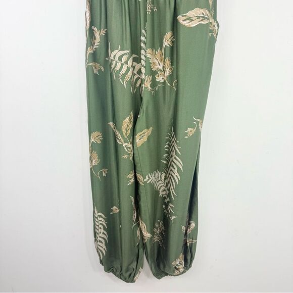 Anthropologie Olive Green Tropical Leaf Balloon Leg Smocked Sleeveless Jumper - Picture 13 of 16
